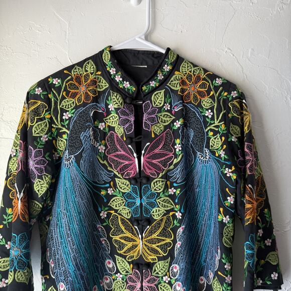 Vintage Jacket Womens L Black Multicolor Embroidered Floral Butterfly Asian Boho - Picture 2 of 8